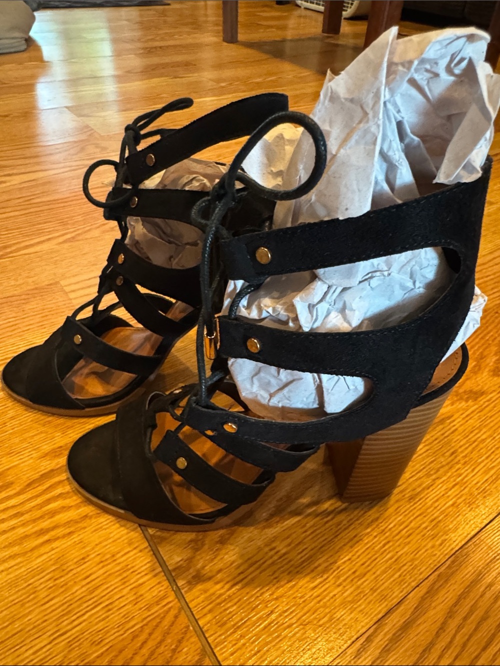 Charlotte Russe Black Suede Lace-Up Strappy Block Heel Sandals